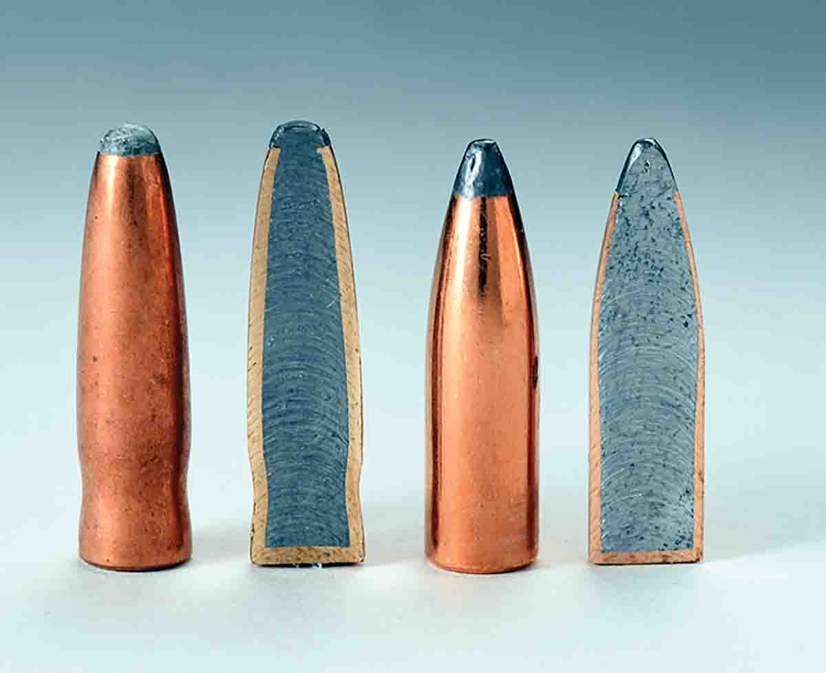 Shown is a sectioned Wasp Waist bullet (left) and a sectioned Speer spitzer bullet (right).